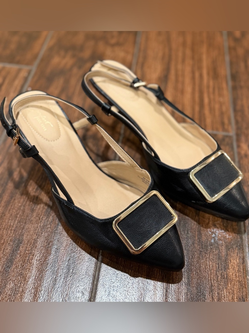 NEW!!! Black Pointed Slingback Flats with Gold Square Accent